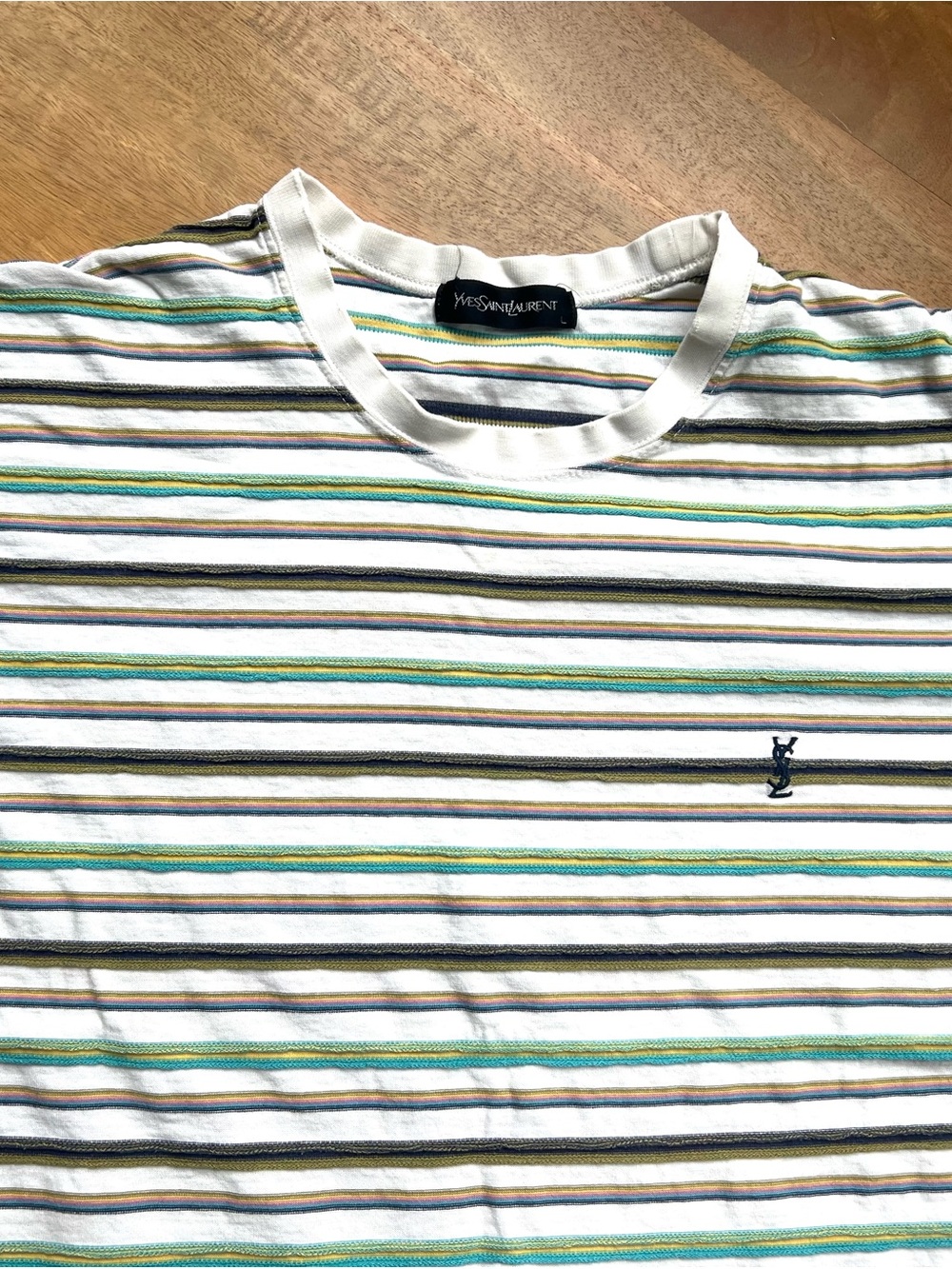 Vintage Yves Saint Laurent Striped Embroidered Logo T-Shirt White Multi-Stripe